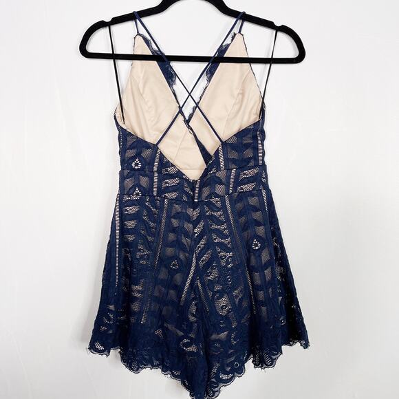 Blossom Cross Open Back Lace Romper Size 6 Navy Blue Playsuit Sleeveless V Neck - Picture 2 of 10